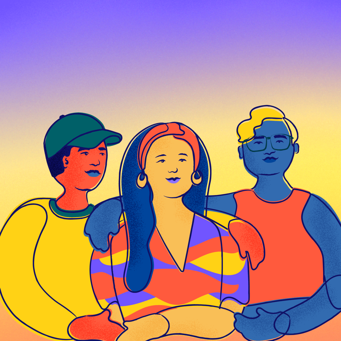 Three friends drape arms over each other's shoulders.