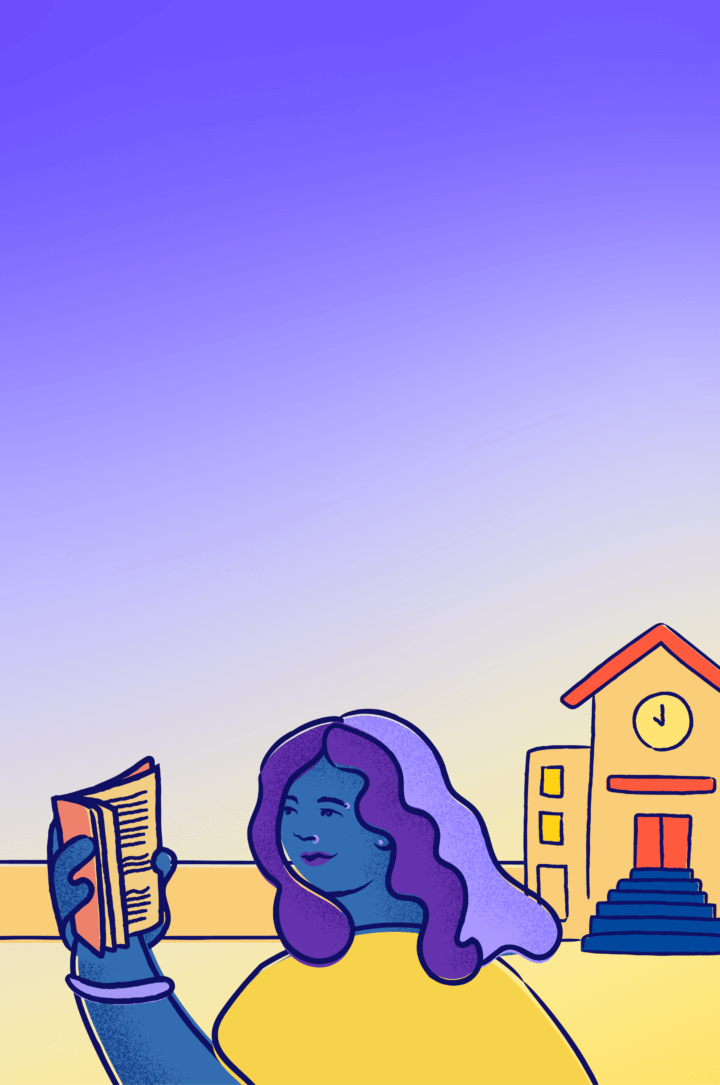 A female-presenting young person in a yellow dress reads a book in front of a school.