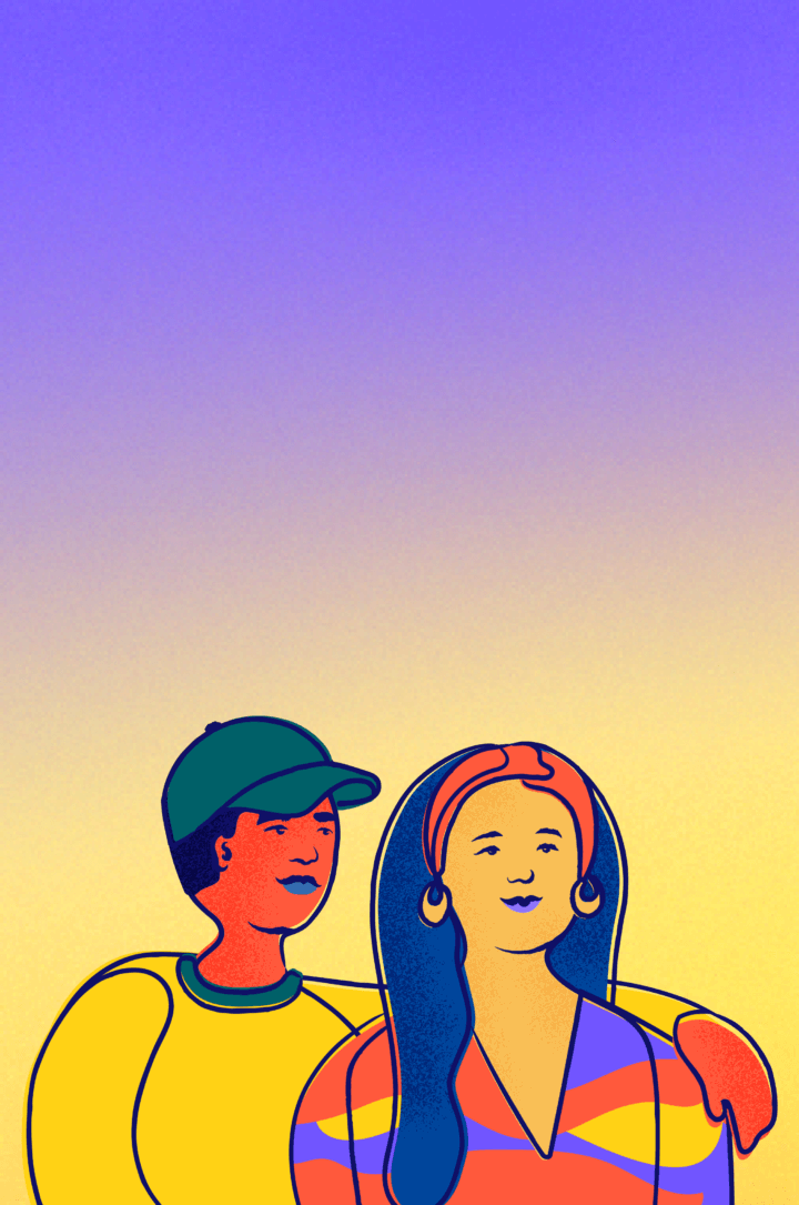 Two friends drape arms over each other's shoulders