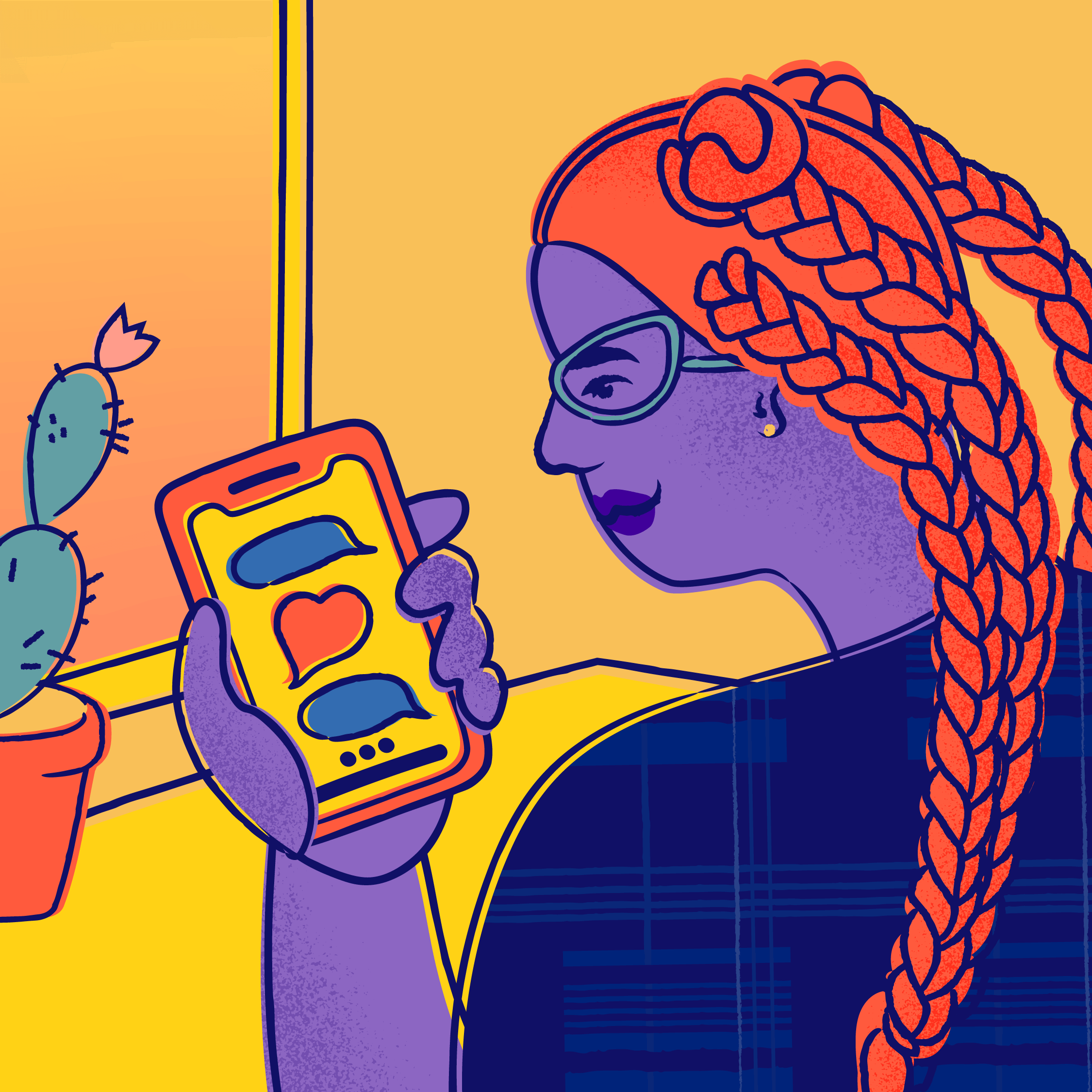 A young person with braids texts on their phone at a desk with a cactus on it.