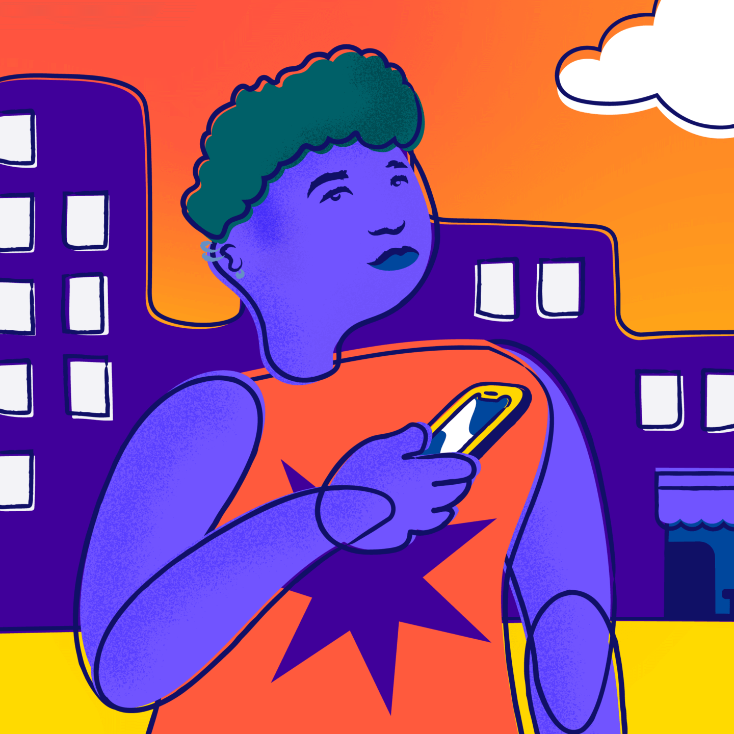 A young person with short hair and a tank top holds their phone in front of a cityscape.