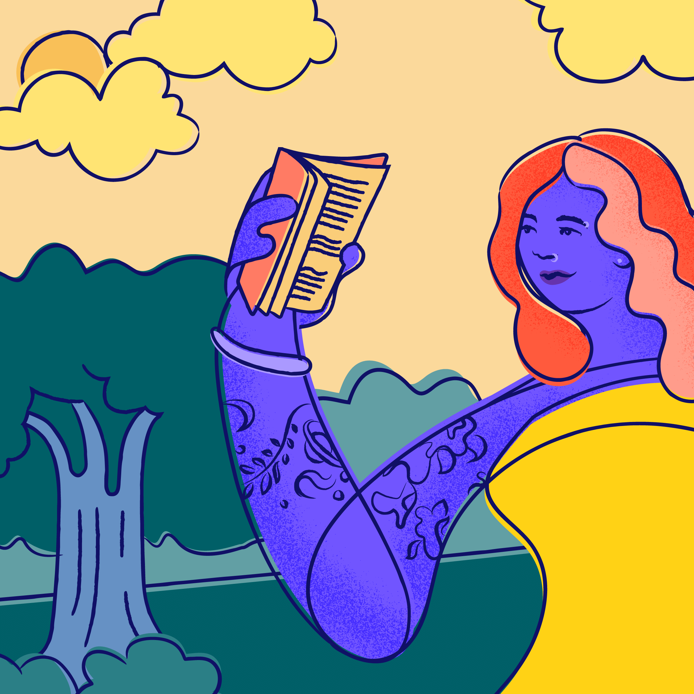 A female-presenting young person in a yellow dress reads a book as they walk next to some trees on a cloudy day.