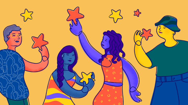 Four young people smile and hold stars falling from the sky.