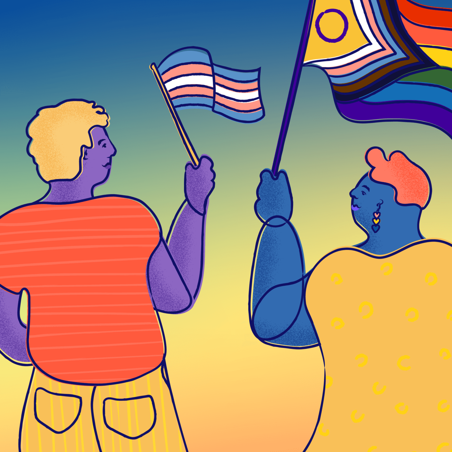 Two smiling young people wave the Trans and Progress Pride flag.