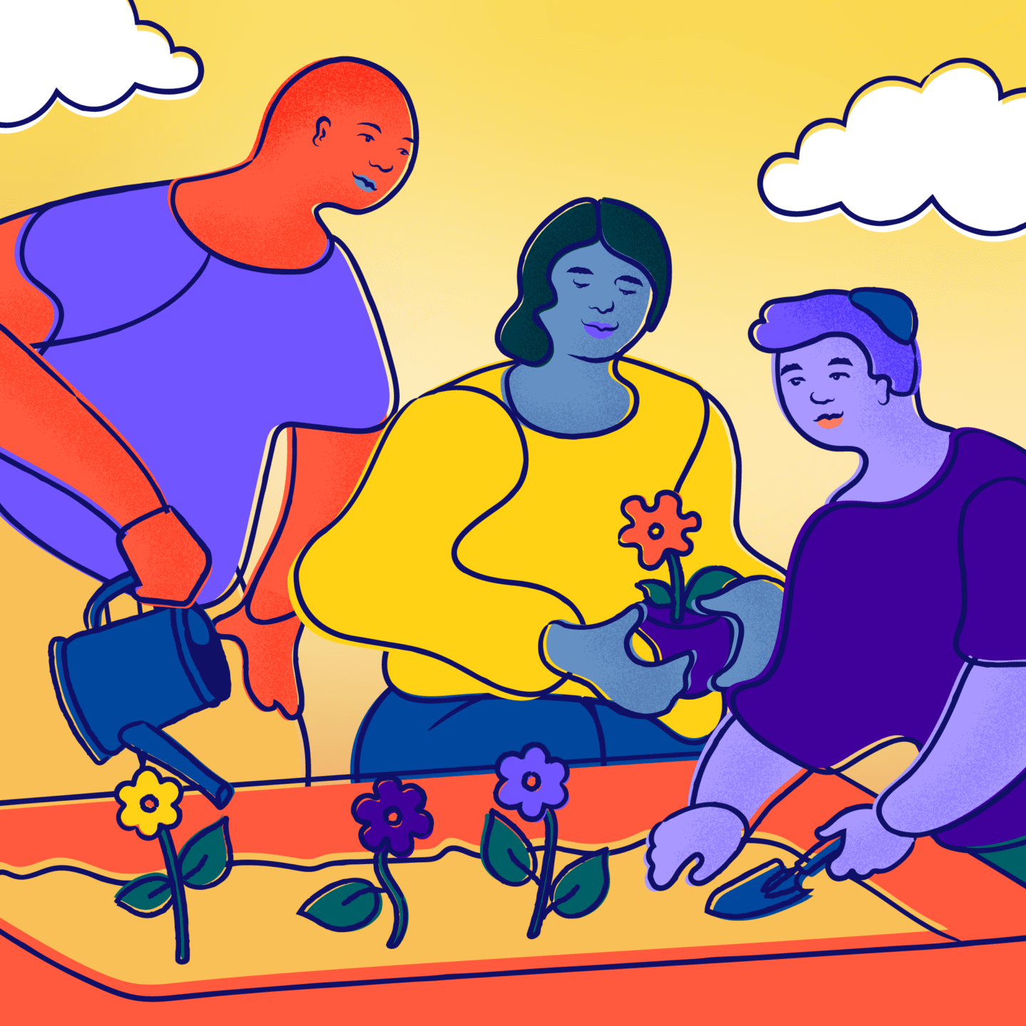 Three LGBTQ+ young people, one bald, one with a flapper hairstyle, and one with a yamaka, tend to a small garden together on a partly cloudy day.