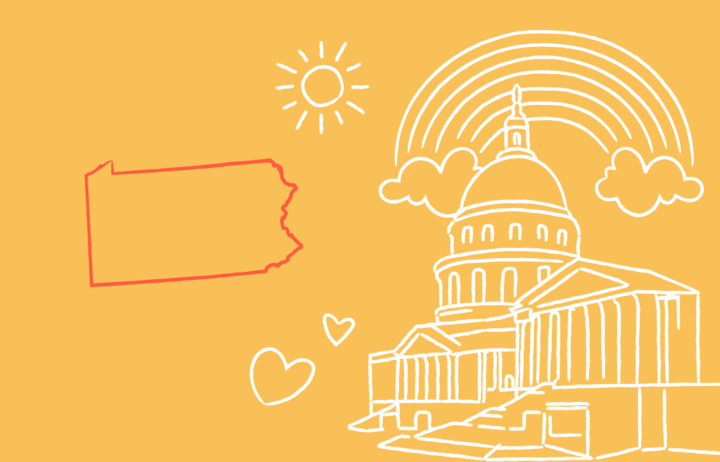 Illustration of a capital building and an outlined illustration of Pennsylvania.