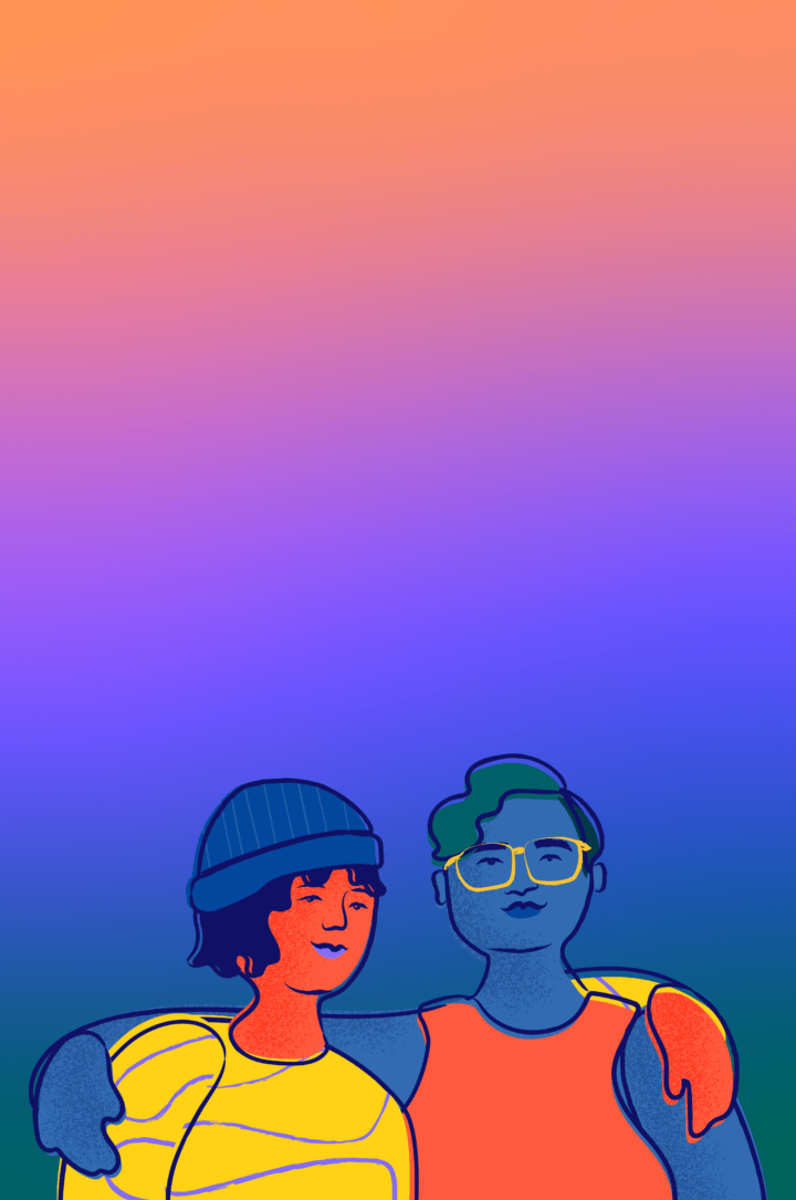 Two friends drape arms over each other's shoulders