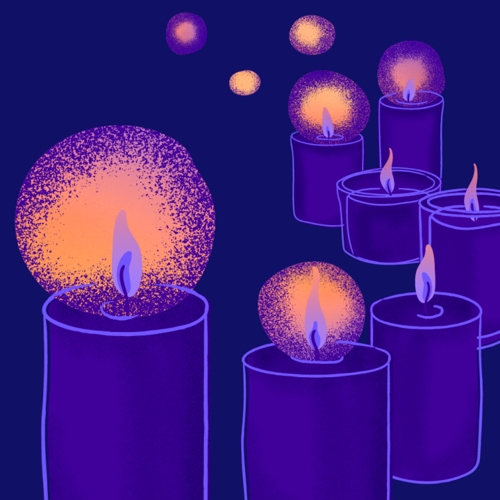 Illustration of warmly-lit candles of various sizes on a dark blue background