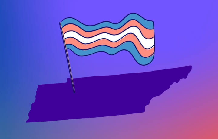 Purple gradient with a solid purple shape of Tennessee with a Trans Pride flag